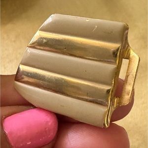 Vintage Gold Tone Metal w/ Tan Enamel Stripes Belt Buckle.
